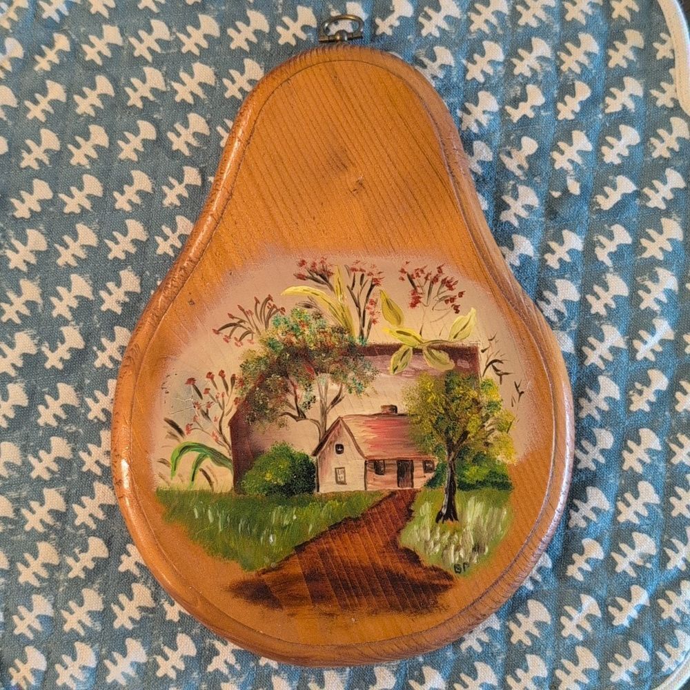 Hand-Painted Wooden Pear Shaped Primitive House and Landscape Design Wall Art